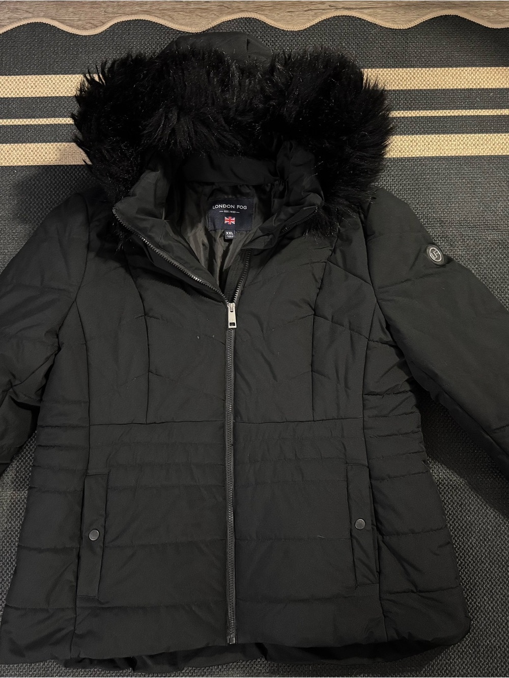London Fog Black Quilted Puffer Coat with Faux Fur-Trim Hood